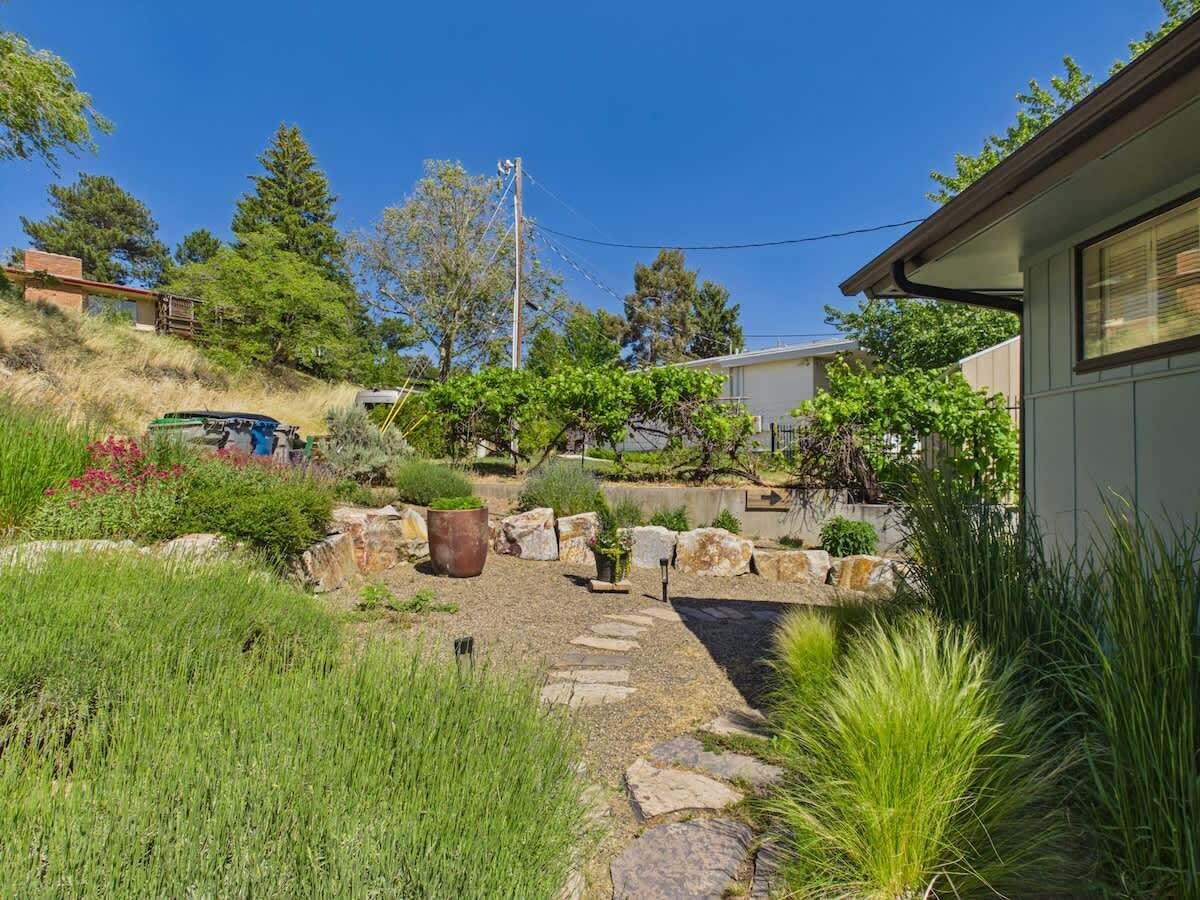 Un patio trasero residencial con un sendero de piedra, plantas en macetas y un pequeño jardín.
