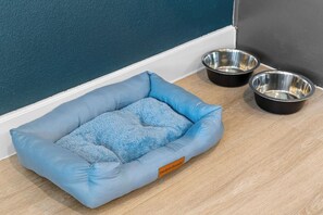 Una cama para mascotas con una etiqueta, dos cuencos de metal y una pared color aguamarina.