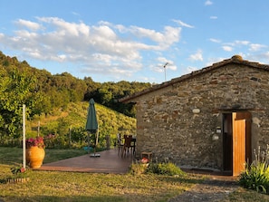Un bâtiment en pierre avec une porte en bois, une terrasse avec une table et des chaises, et un jardin agrémenté d’un grand pot de fleurs.