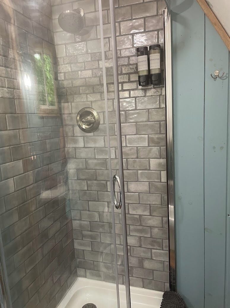 Shower, hair dryer, towels, toilet paper
