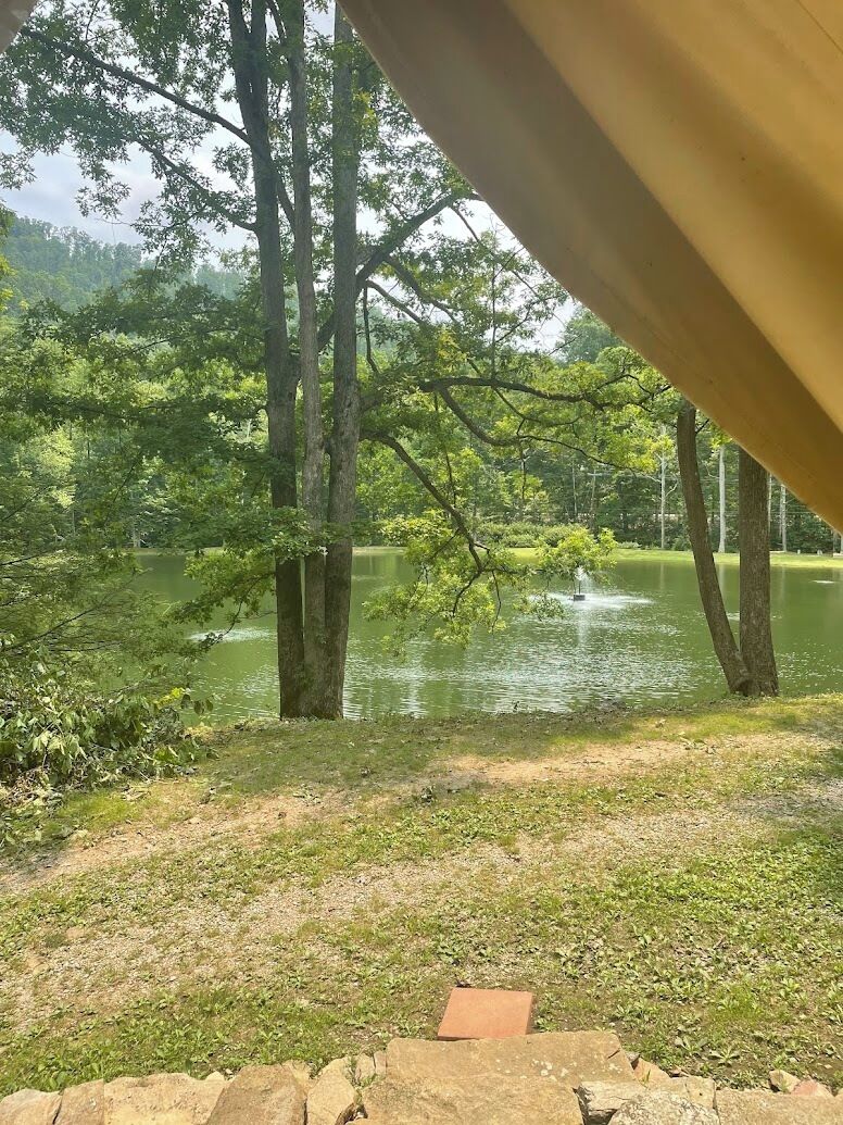 A view of a lake with trees and a fountain, viewed from under a structure.