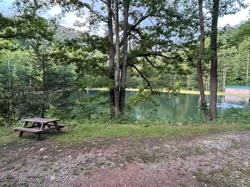 Glamping tent overlooking pond