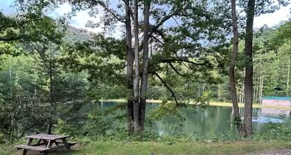 Glamping tent overlooking pond