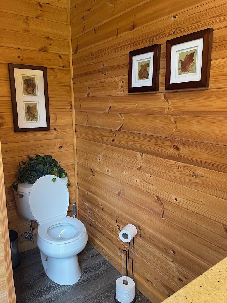 A compact wooden cabin bathroom with a toilet, a small sink, and framed pictures on the wall.