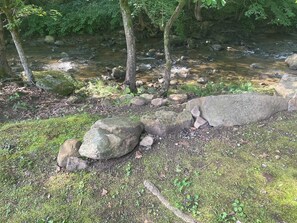 A natural outdoor setting with a stream, rocks, and trees.
