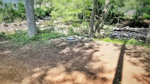 Un sentier de terre qui traverse une zone boisée, avec des arbres et un petit ruisseau.