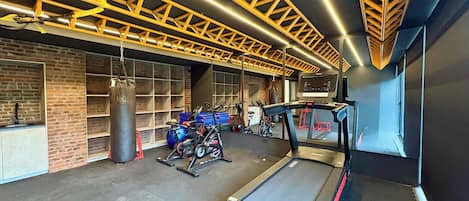 A gym with exercise equipment, a punching bag, and a treadmill.