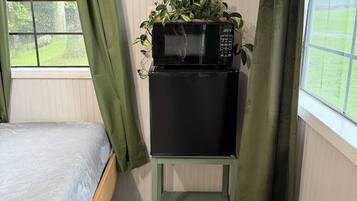 A room with a bed, a small table with a microwave, and a potted plant.