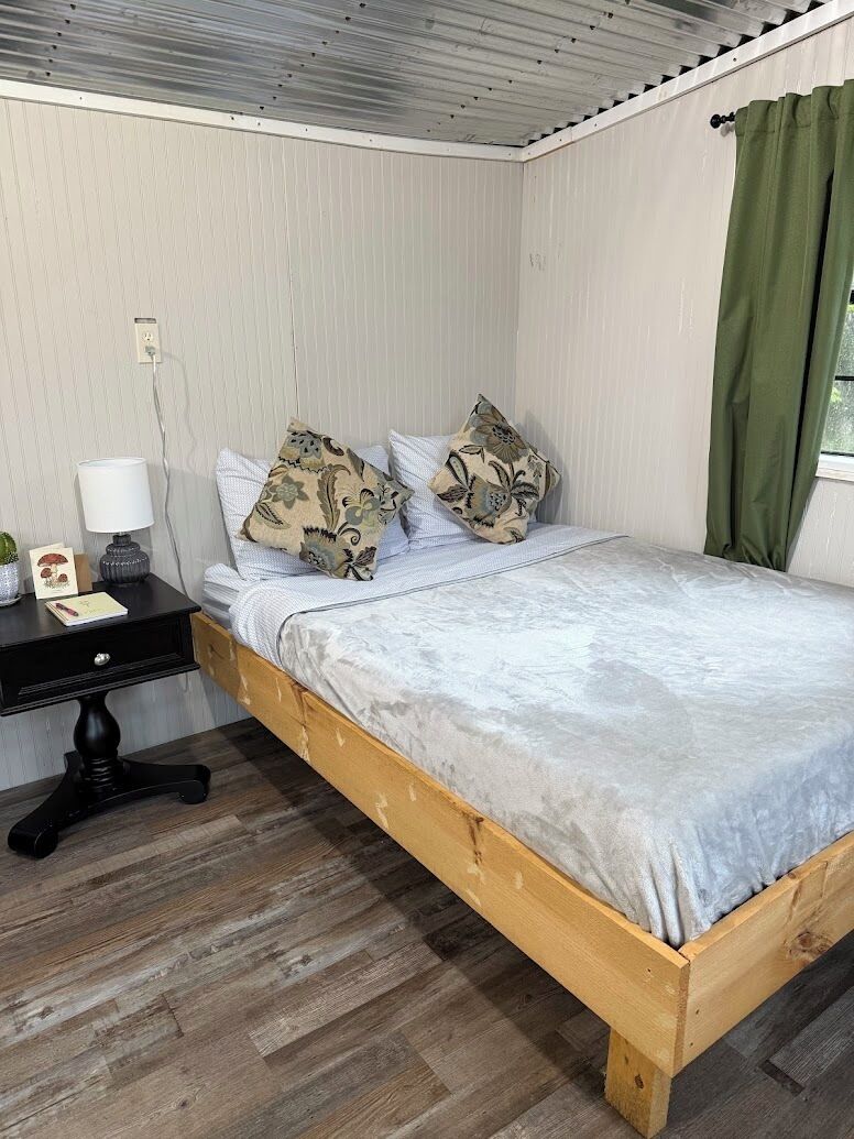 A single bed with a wooden frame and a grey mattress, a bedside table with a lamp, and a power outlet on the wall.