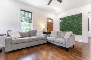 Un salon avec deux canapés gris, un plancher en bois, un mur vert et une porte.