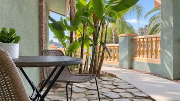A covered outdoor seating area with wicker furniture and a potted plant.