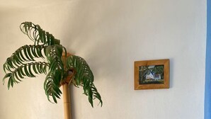 Een rieten bank met kleurrijke kussens, een hoge plant, een klein fotolijstje en een gele vaas.
