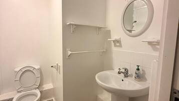 A bathroom with a toilet, sink, mirror, and towel rack.