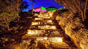 Escadaria de pedra que leva a um edifício com telhado verde, rodeado por árvores.