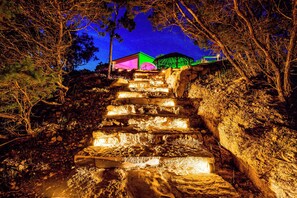 A stone staircase leading up to a building with a green roof, surrounded by trees.