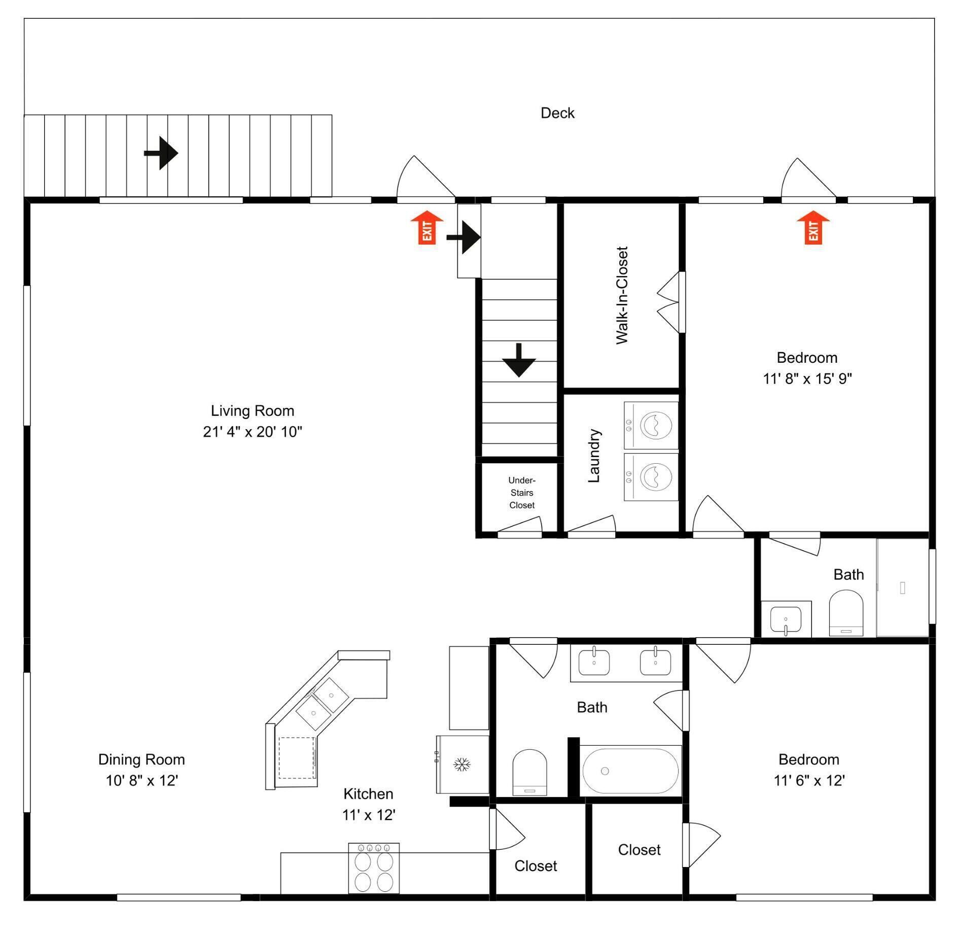 Plano de planta de un hotel que muestra una sala de estar, comedor, cocina, dos dormitorios, un baño, vestidor y zona de lavandería.