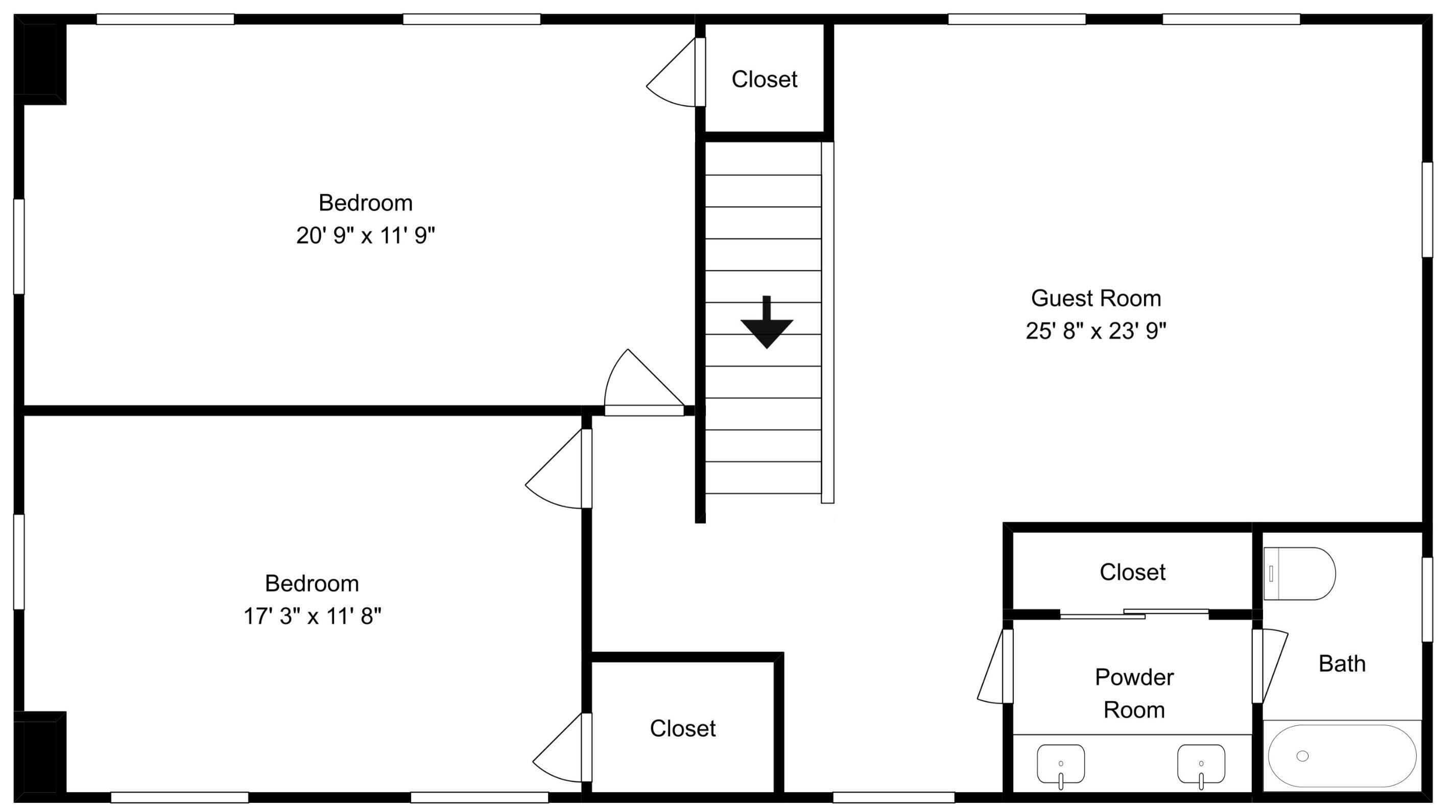 A floor plan with two bedrooms, a guest room, two closets, a powder room, and a bathroom.