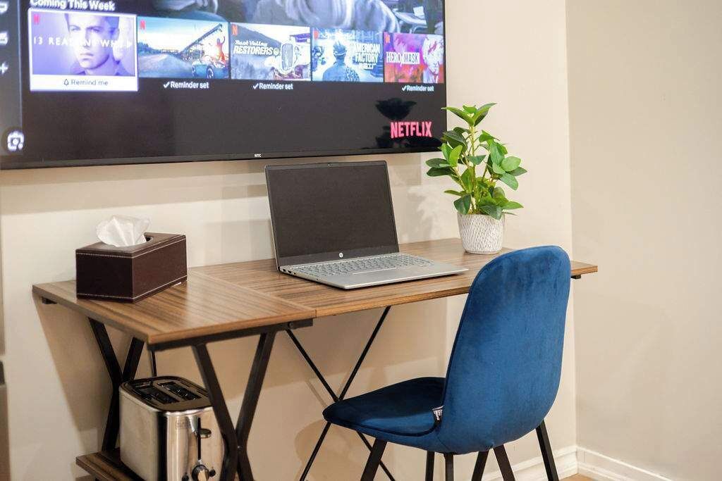 A wooden desk with a laptop, a plant, and a tissue box.