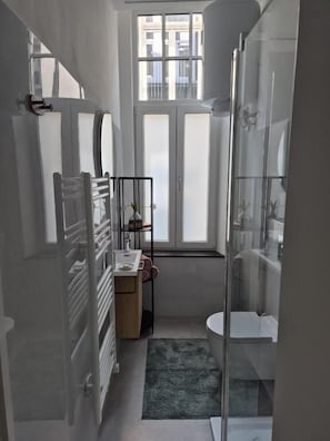 A compact bathroom with a toilet, a small sink, a glass shower enclosure, and a window providing natural light. - Studio & Apartments Roermond (Roermond)