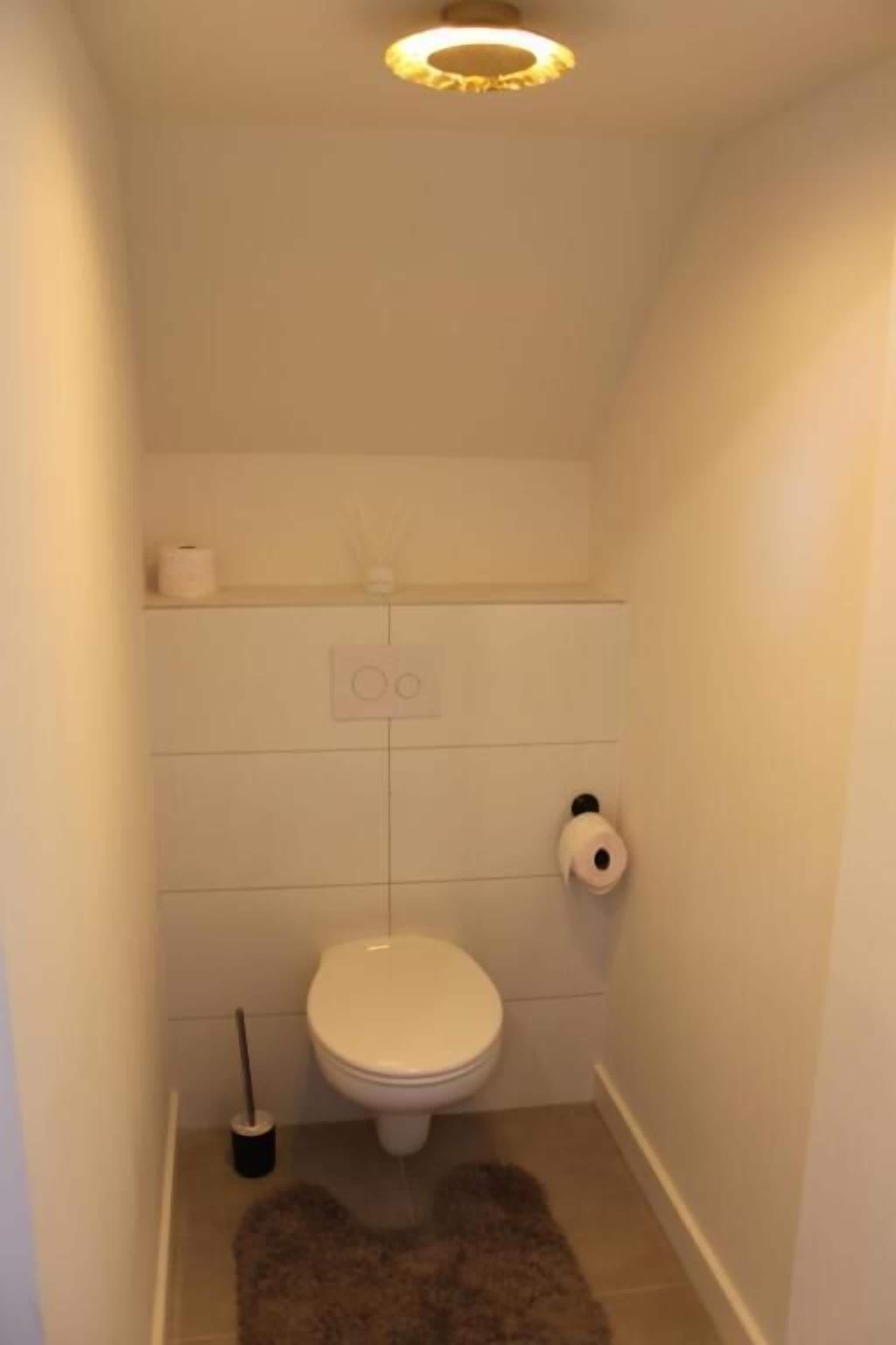 Une petite salle de bain étroite, équipée de toilettes, d’un porte-rouleau de papier toilette et d’un tapis de sol.