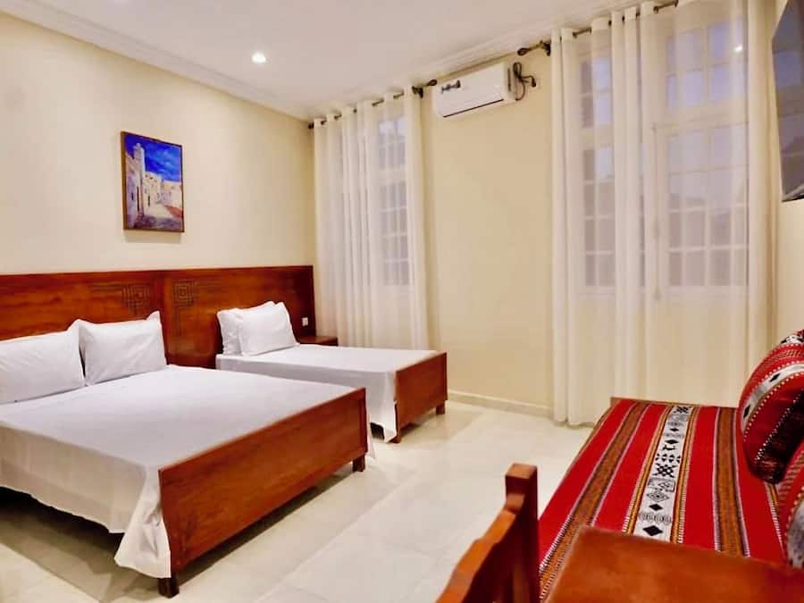 Desk, laptop workspace, blackout curtains, free WiFi