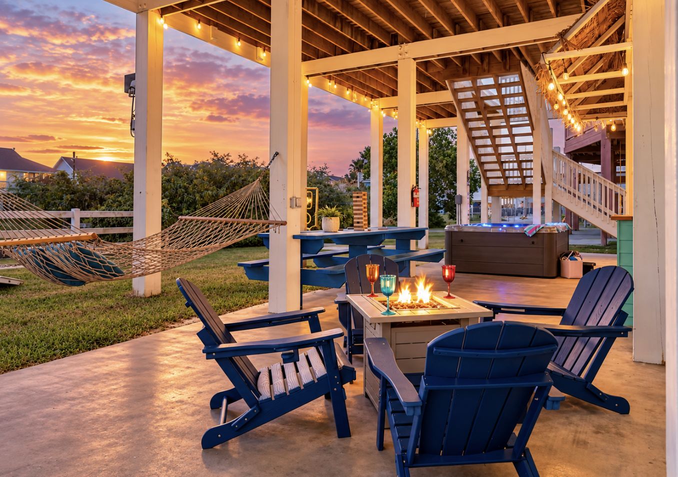 An outdoor patio with seating, a fire pit, and string lights.
