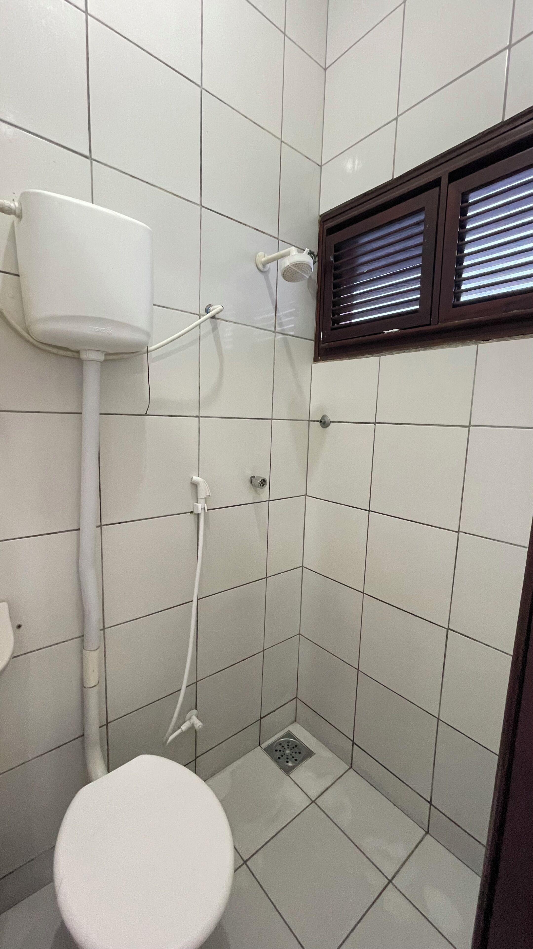 A small, tiled shower area with a toilet, a handheld showerhead, and a wall-mounted faucet.