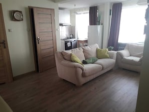 Un salon avec un canapé, un coin repas avec une table et des chaises, une cuisine équipée et une porte.