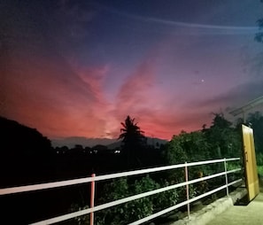 A night sky with pink and purple hues, a metal railing, and greenery in the foreground.
