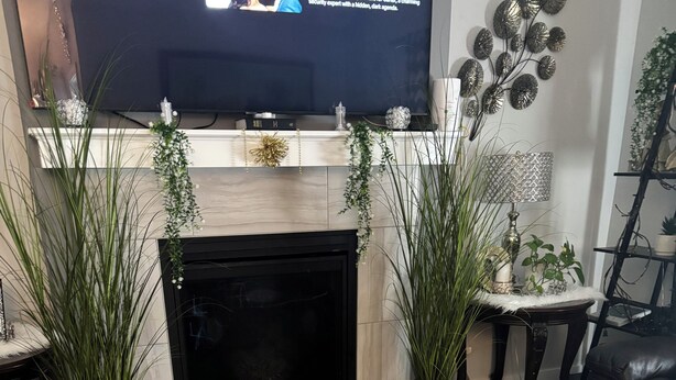 A living room with a fireplace, two potted plants, a glass coffee table, and a television. - Beautiful, quiet, clean, cozy and affordable house to host at least 10 guest. (Grande Prairie)
