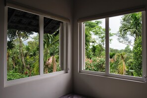 Ein Zimmer mit zwei großen Fenstern und Blick auf dichtes tropisches Grün.