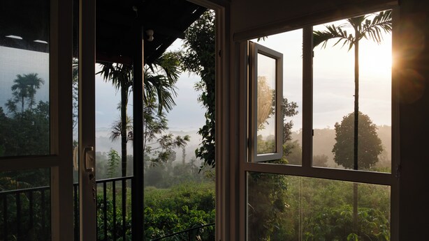A room with a large window overlooking a lush garden and a view of the sky.
