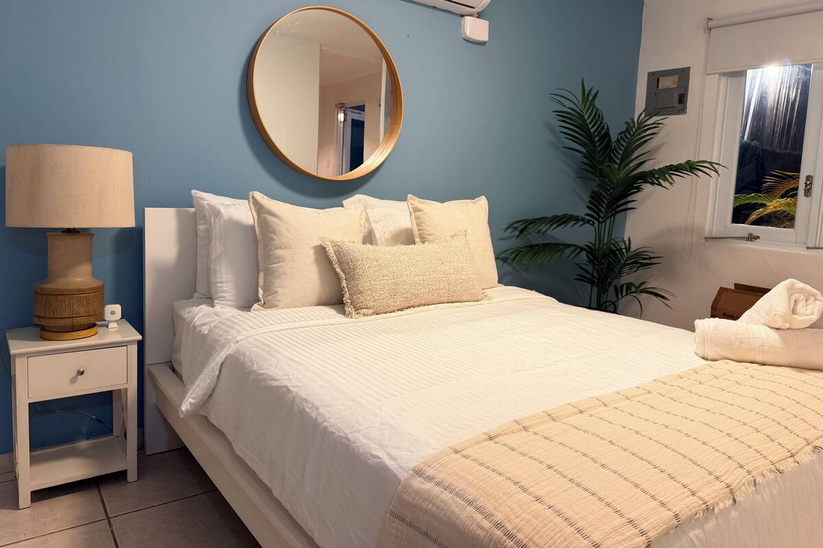 Un dormitorio con cama, mesita de noche, lámpara, espejo, unidad de aire acondicionado, planta en maceta y ventana.