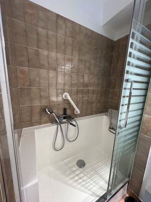 Eine Dusche mit Glastür, Duschbrause und Handbrause.