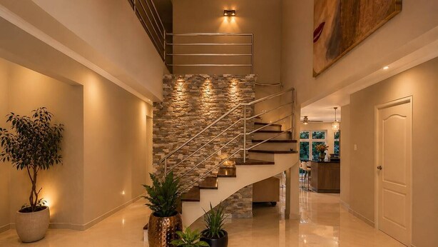 A modern interior with a polished floor, a spiral staircase, and potted plants. - Tropical 3-Bedroom Villa with Pool Next to the Jan Thiel Salt Flats (Willemstad)