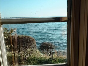 Blick durch ein Fenster auf ein Gewässer, Bäume und einen klaren Himmel.