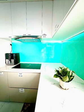 A kitchen with white cabinets, a black appliance, and a potted plant on the counter. - 3-bedroom house in welcoming Thanh Dien with AC comfort (Thanh Dien)