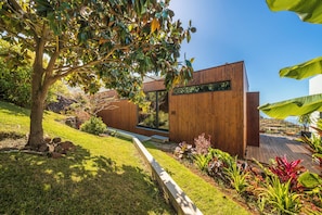 A modern building with a wooden facade, a grassy area with a tree, and a garden with various plants. - BOTÂNICA LIVING (Camara de Lobos)