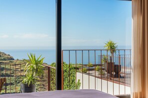 Un balcón con vista al mar, una planta en maceta y una silla de madera.