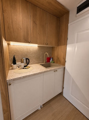 A compact kitchen with wooden cabinets, a countertop, a sink, and a small plant. - Villa Lucija - Old town and Lake view Apartment (Ohër)