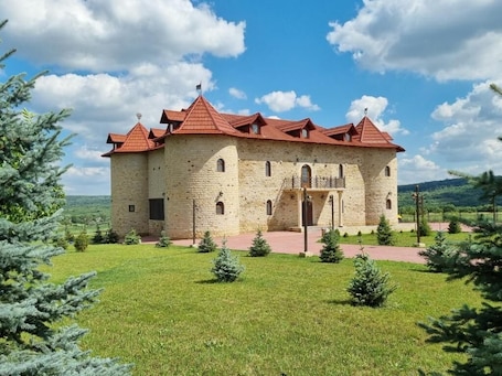 A castle-like building with a red-tiled roof, a central entrance, and a surrounding grassy area with small trees.. Castel Unghern