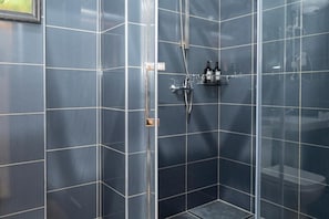Un baño con azulejos azul oscuro, una cabina de ducha de vidrio y un inodoro a la vista.