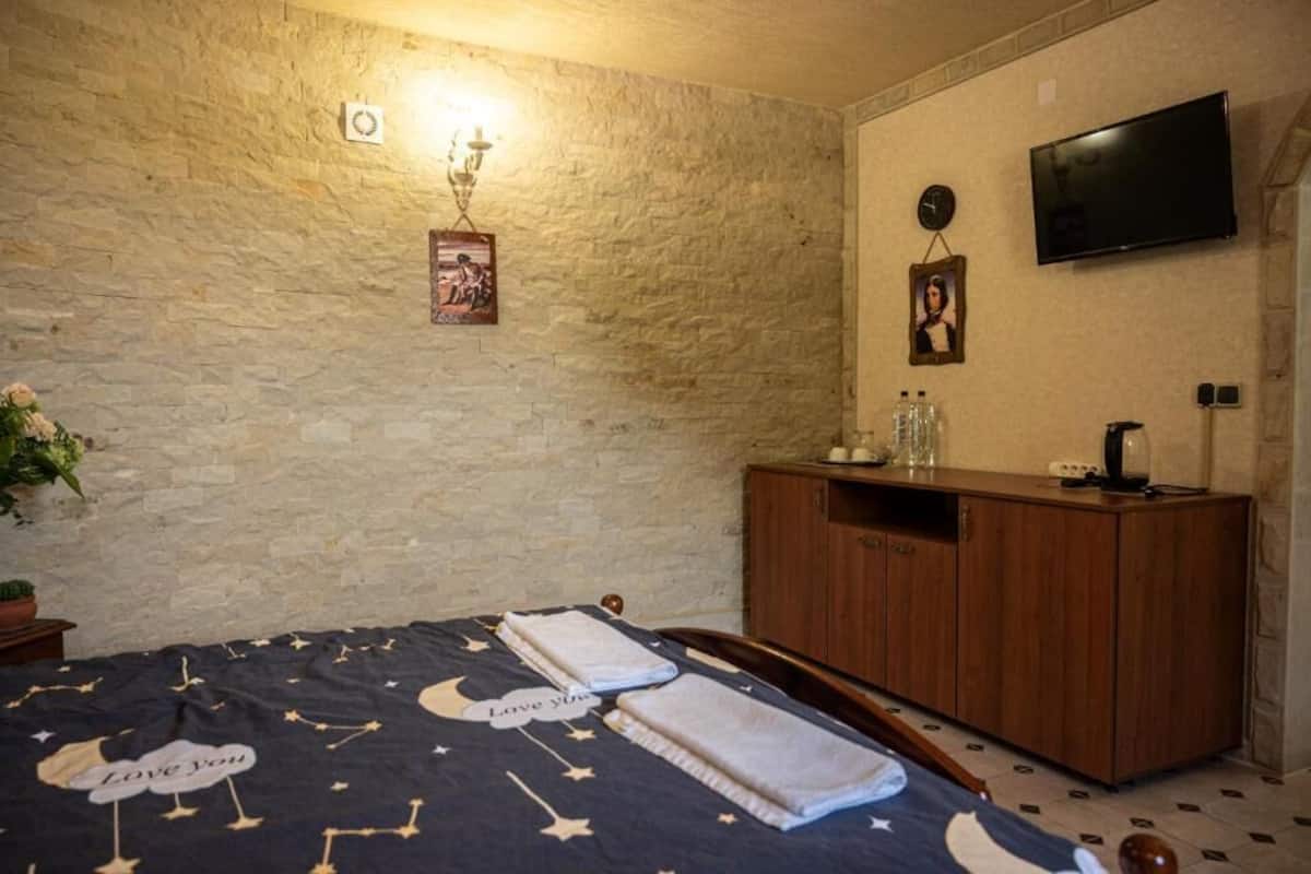 A bedroom with a stone wall, a bed with a star-patterned blanket, a wooden cabinet, a flat-screen TV, and a potted plant.