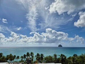 Blick auf einen Strand mit Palmen, einem wolkenlosen Himmel und einer entfernten Insel.