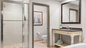 Shower, jetted bath, hair dryer