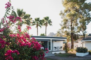 Ein modernes Haus mit Glastür, einer Terrasse mit zwei Stühlen und einem Garten mit Bougainvillea.