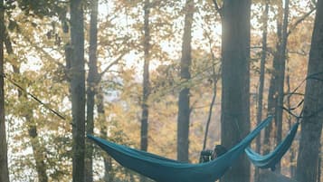 A hammock in a forested area with trees and a body of water in the background.