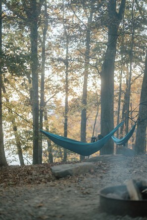 A hammock in a forested area with trees and a body of water in the background.