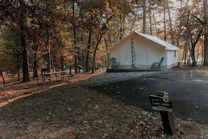 A cabin with a porch, a picnic table, and a hammock in a forested area.