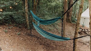 Una hamaca colgada entre árboles en un área boscosa, con una tienda de campaña y una mesa de picnic cerca.